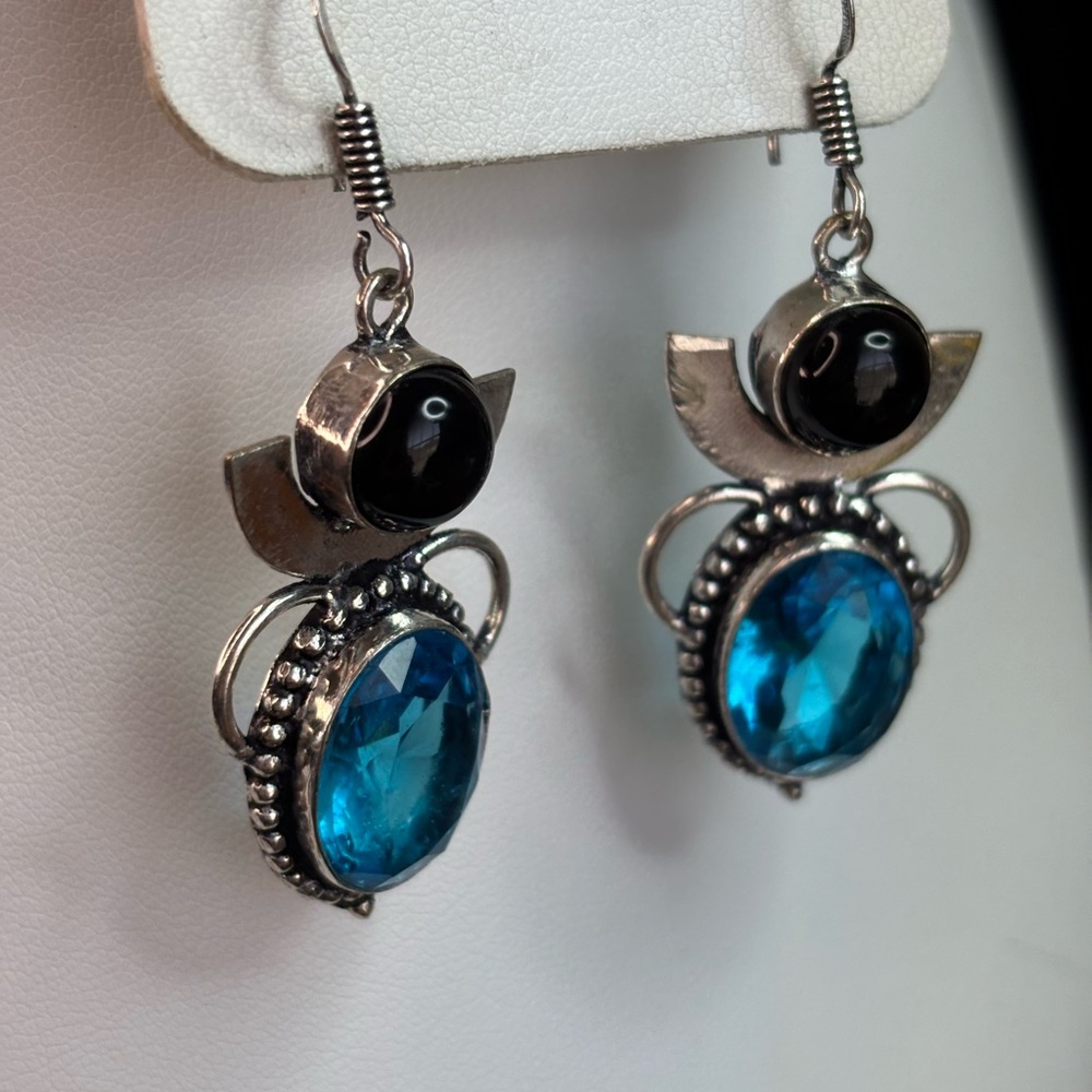 .925 Silver Overlay and Blue Topaz & Black Onyx Gemstone Earrings